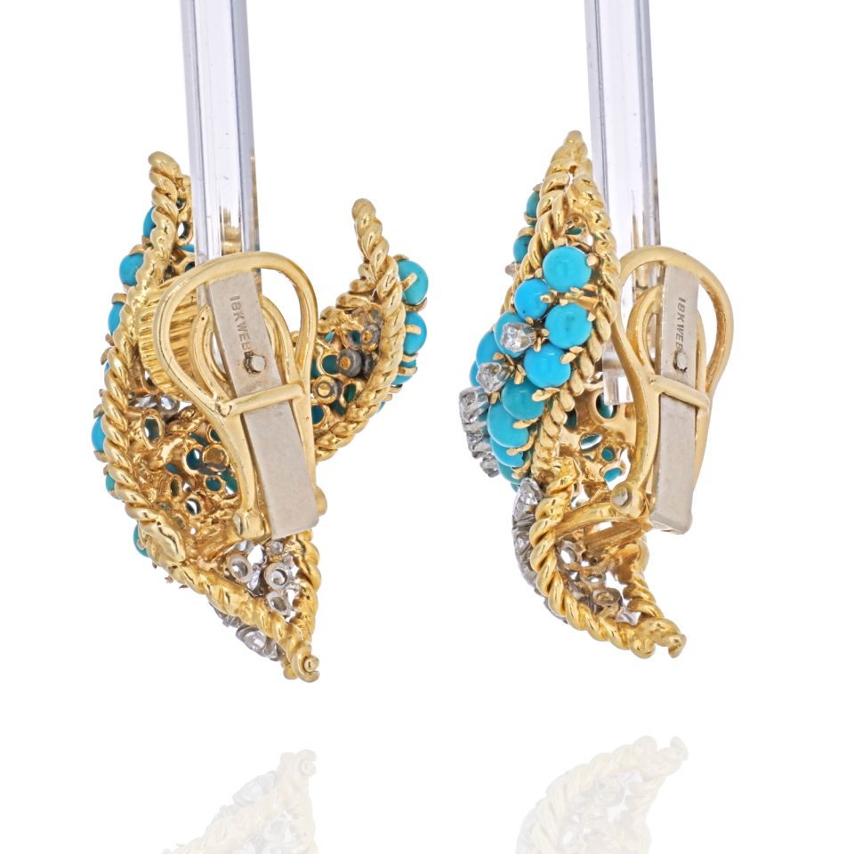 David Webb 18K Yellow Gold Turquoise Beads And Diamond Earrings - The Back Vault