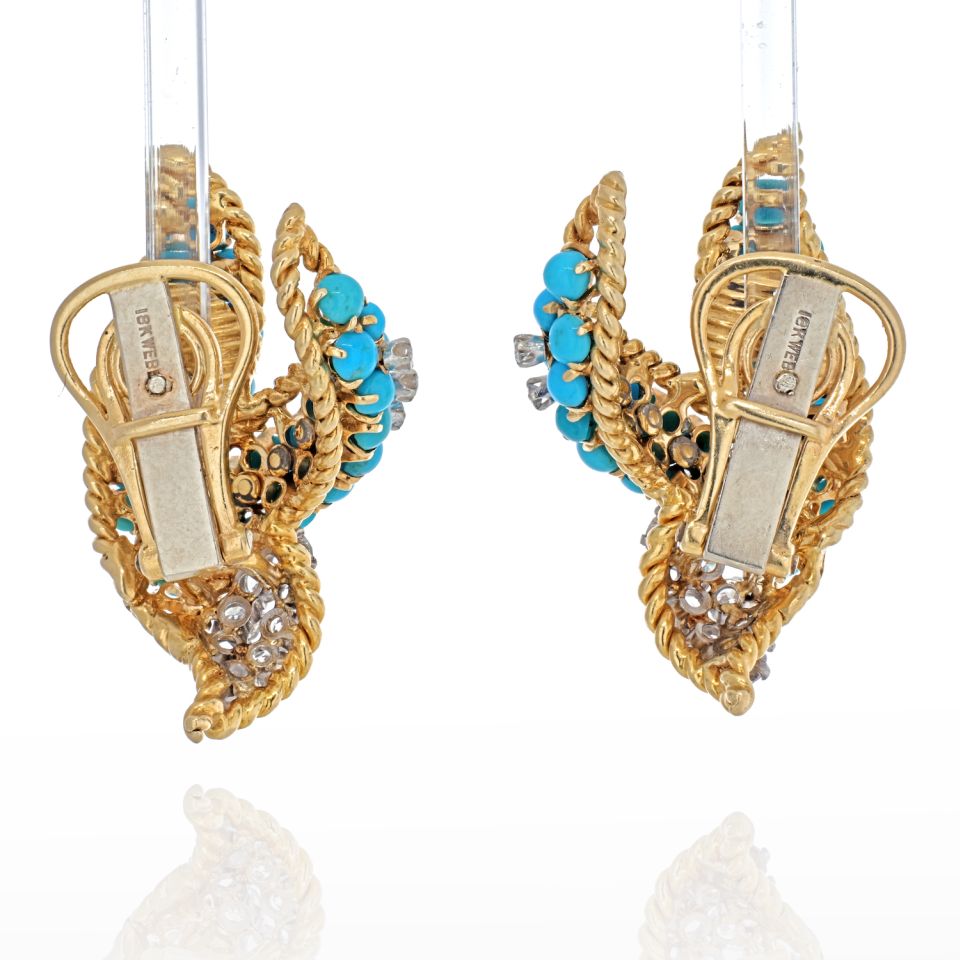 David Webb 18K Yellow Gold Turquoise Beads And Diamond Earrings - The Back Vault