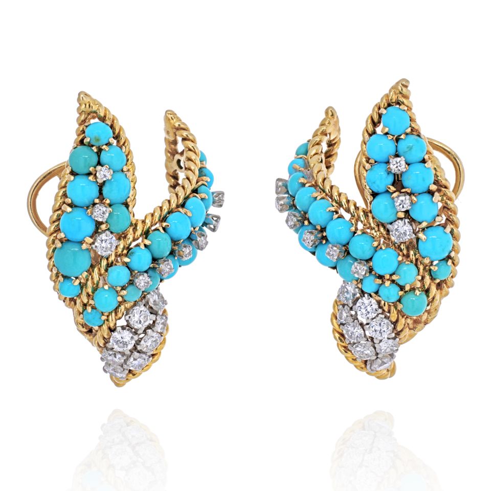 David Webb 18K Yellow Gold Turquoise Beads And Diamond Earrings - The Back Vault