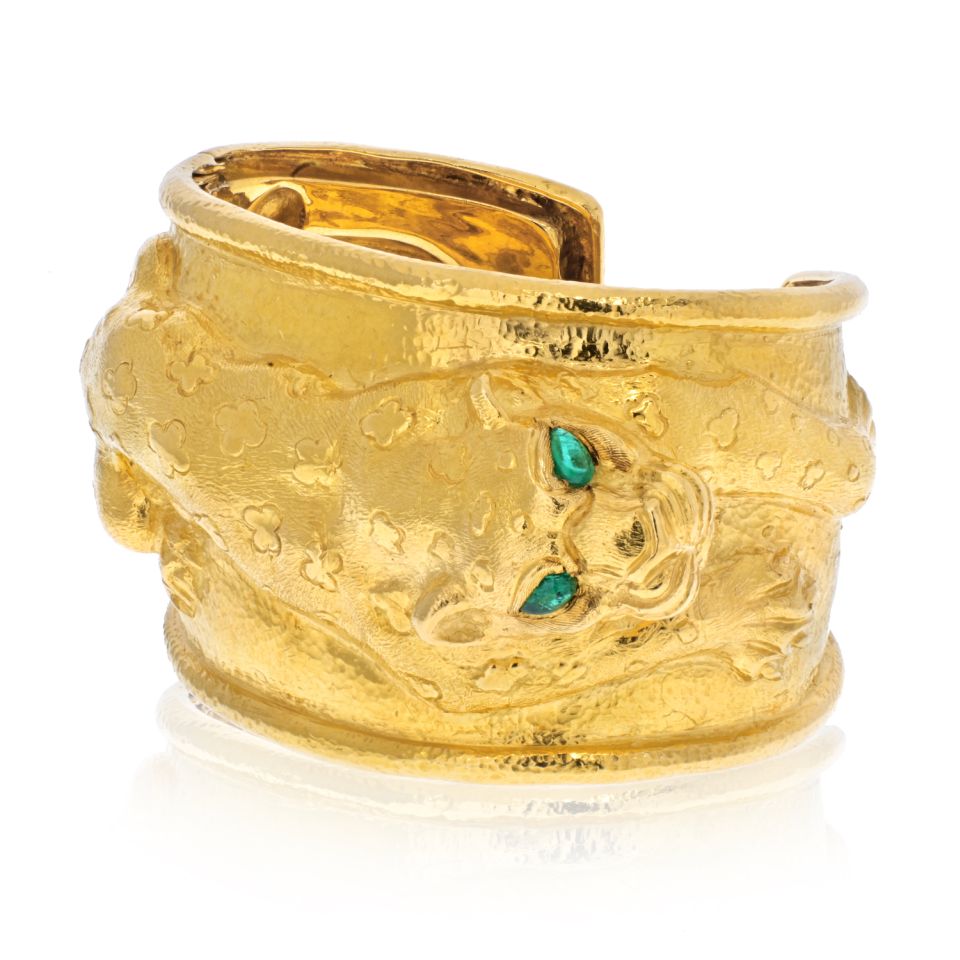 David Webb 18K Yellow Gold Repousse Leopard With Green Emerald Eye Bangle Bracelet - The Back Vault