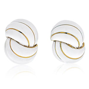 18K Yellow Gold White Enamel Swirl Earrings