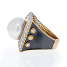 David Webb Platinum & 18K Yellow Gold Black Enamel, Pearl And Diamond Ring - The Back Vault