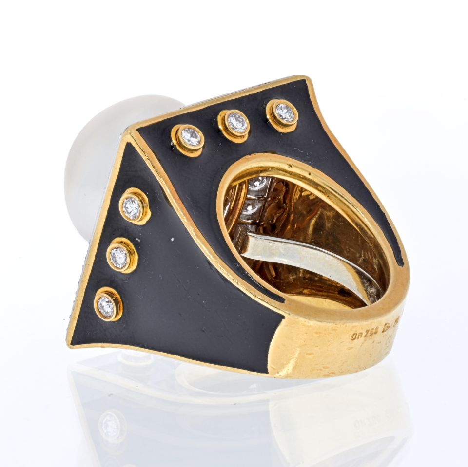 David Webb Platinum & 18K Yellow Gold Black Enamel, Pearl And Diamond Ring - The Back Vault