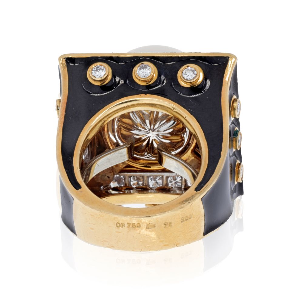 David Webb Platinum & 18K Yellow Gold Black Enamel, Pearl And Diamond Ring - The Back Vault