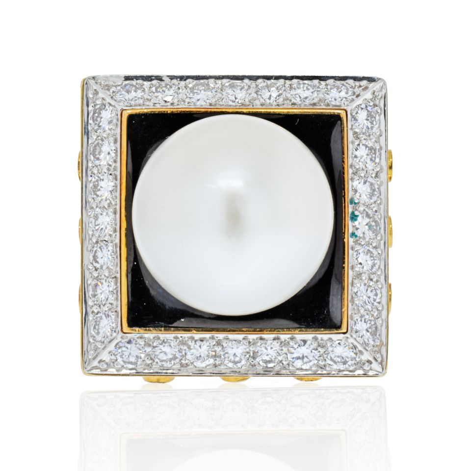 David Webb Platinum & 18K Yellow Gold Black Enamel, Pearl And Diamond Ring - The Back Vault