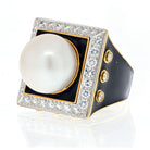 David Webb Platinum & 18K Yellow Gold Black Enamel, Pearl And Diamond Ring - The Back Vault