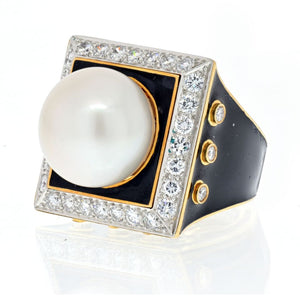 David Webb Platinum & 18K Yellow Gold Black Enamel, Pearl And Diamond Ring