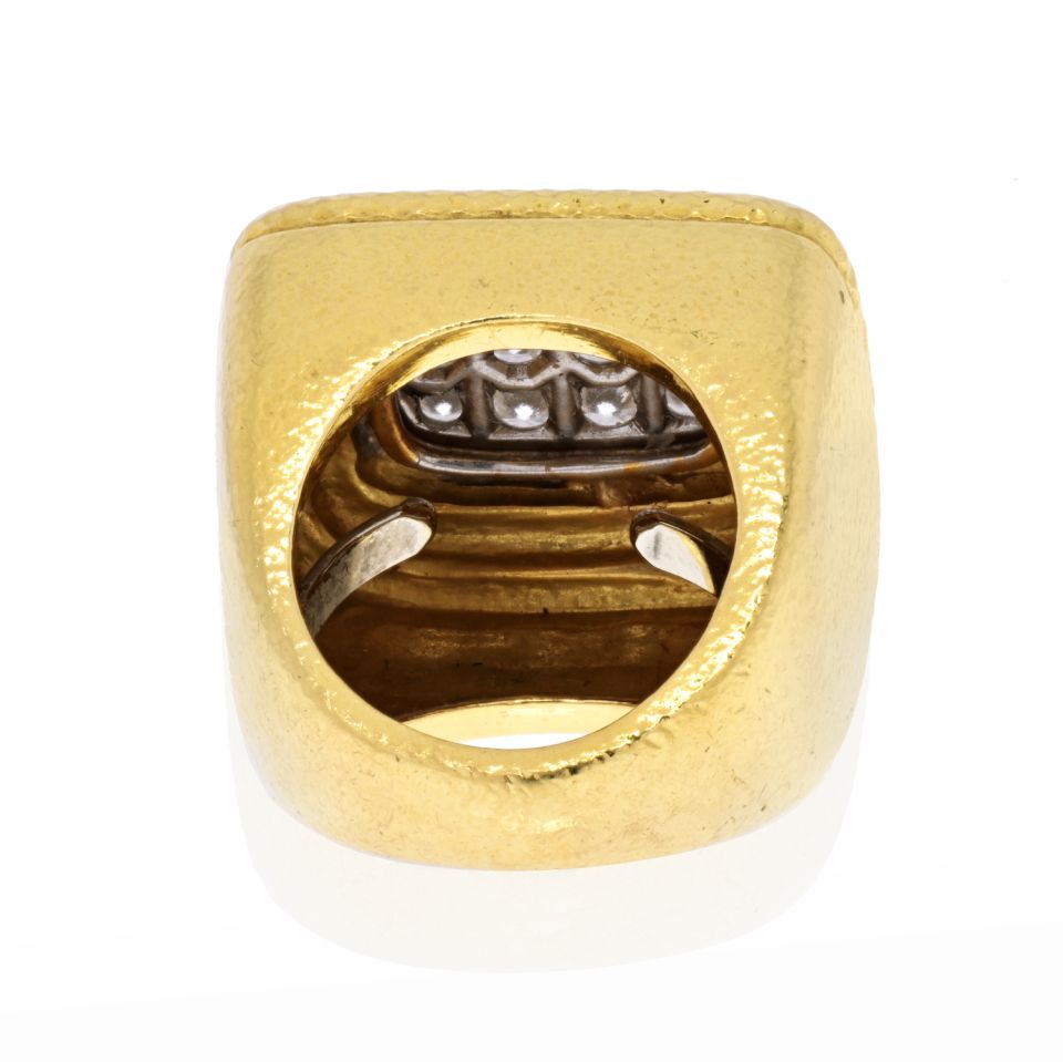 David Webb Platinum & 18K Yellow Gold Pave Diamond Hammered Tiered Ring - The Back Vault