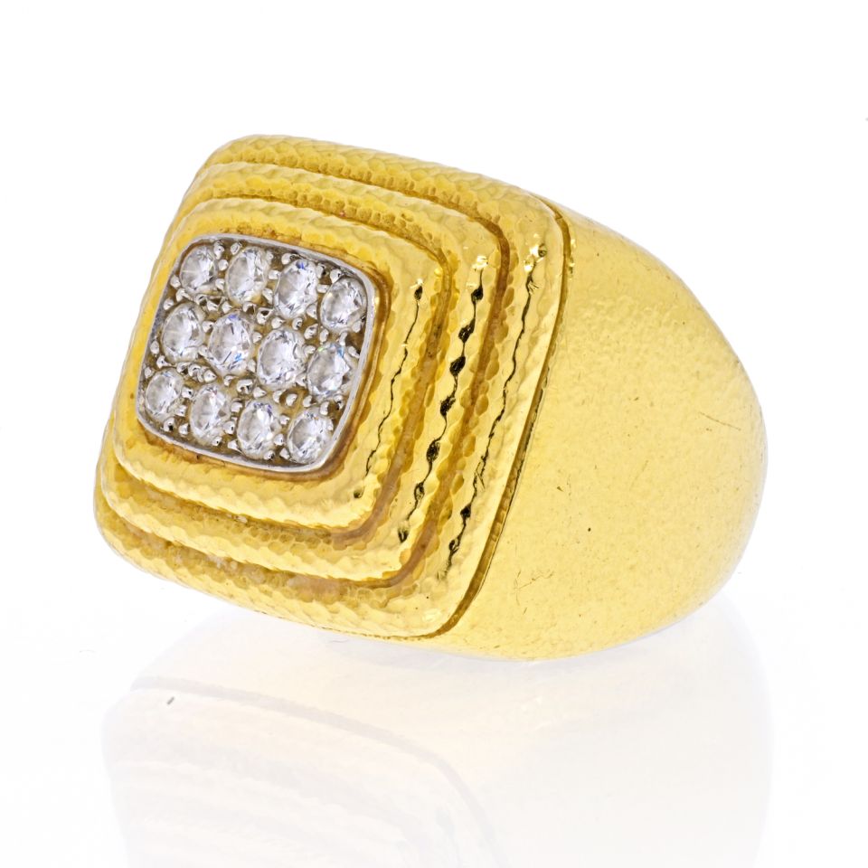 David Webb Platinum & 18K Yellow Gold Pave Diamond Hammered Tiered Ring - The Back Vault