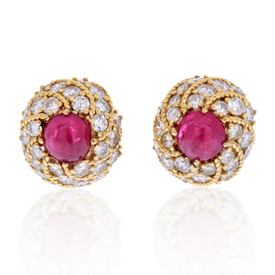 18K Yellow Gold Cluster Diamond And Rubies Estate Earrings - The Back Vault