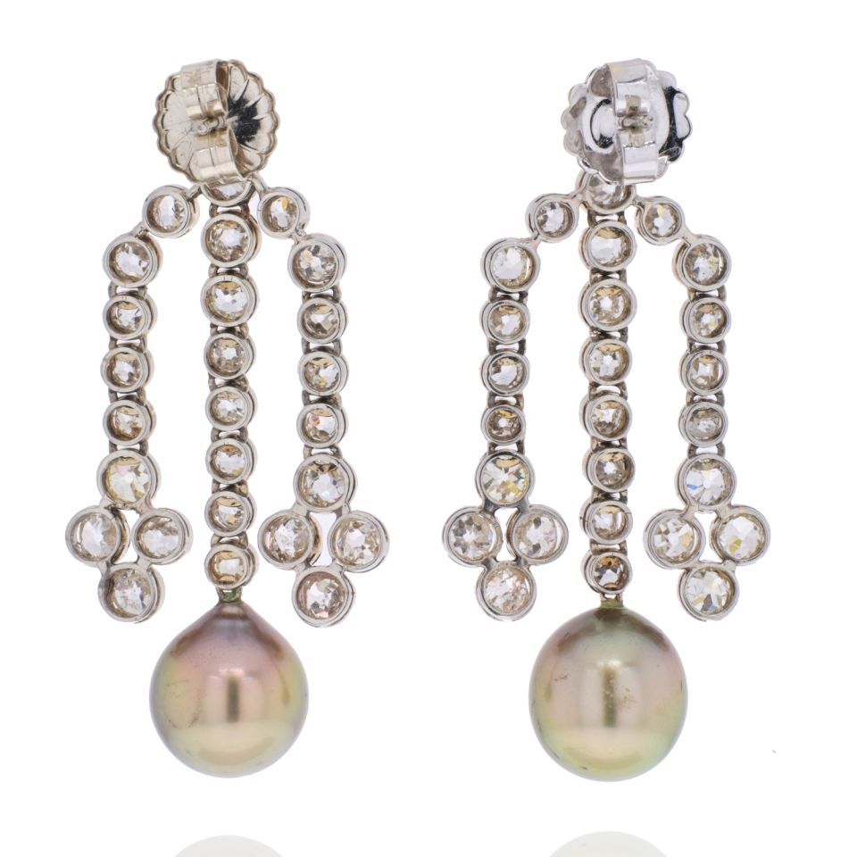 18K White Gold Old Mine Diamond Chandelier And Pearl Earrings - The Back Vault