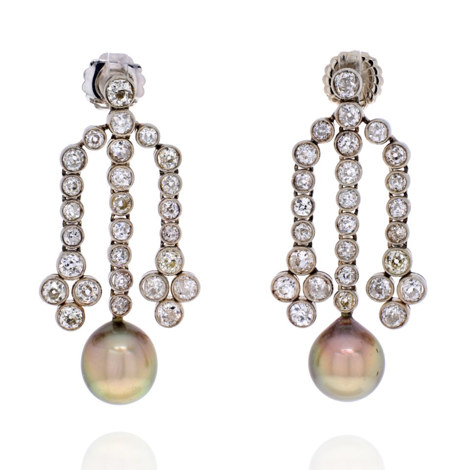 18K White Gold Old Mine Diamond Chandelier And Pearl Earrings - The Back Vault