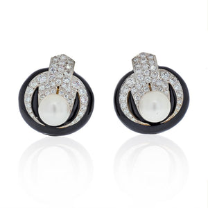 18K Yellow Gold Pearl, Diamond and Black Enamel Clip Earrings