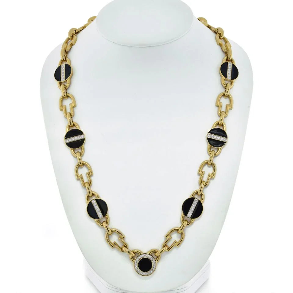 David Webb Yellow Gold Link Black Enamel Diamond Chain Necklace