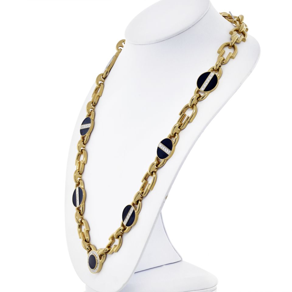 David Webb Yellow Gold Link Black Enamel Diamond Chain Necklace - The Back Vault