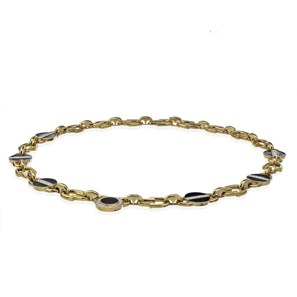 David Webb Yellow Gold Link Black Enamel Diamond Chain Necklace - The Back Vault