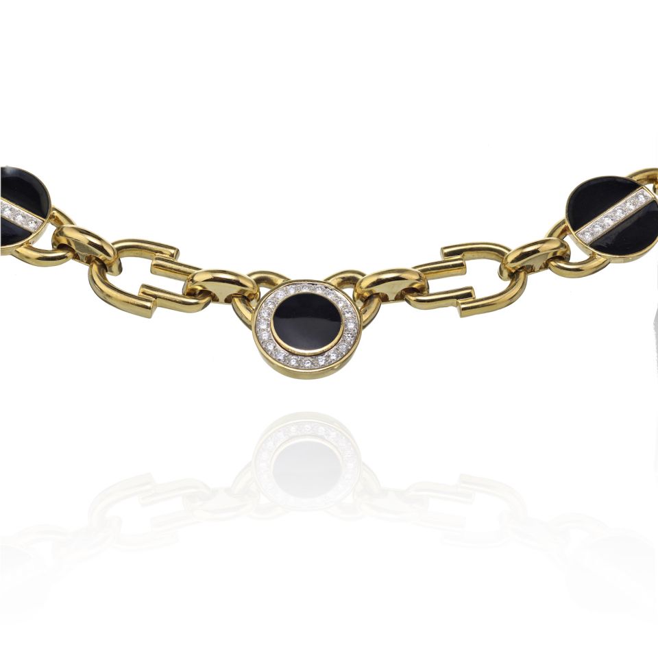 David Webb Yellow Gold Link Black Enamel Diamond Chain Necklace - The Back Vault