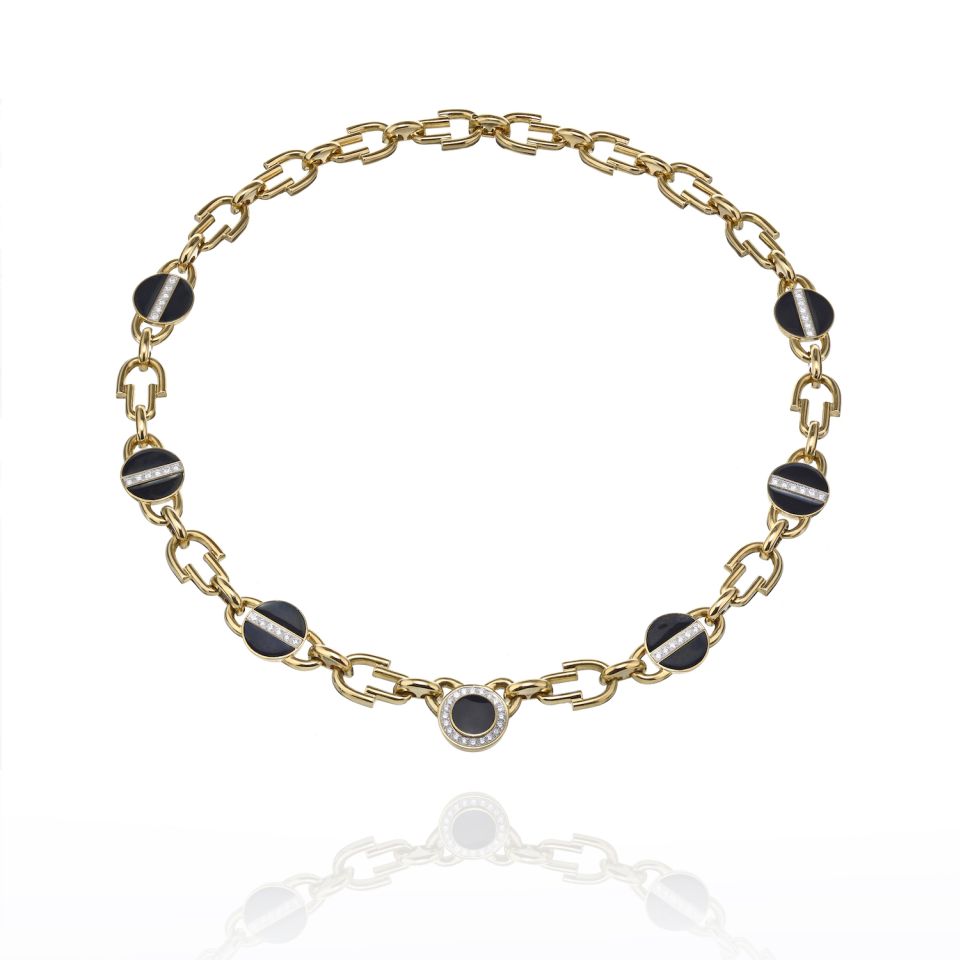 David Webb Yellow Gold Link Black Enamel Diamond Chain Necklace - The Back Vault