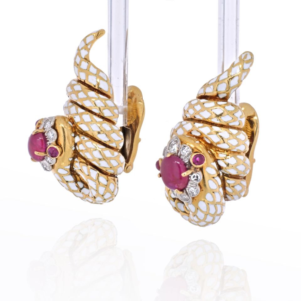 David Webb White Enamel, Ruby And Diamond Serpent Snake Clip Earrings - The Back Vault