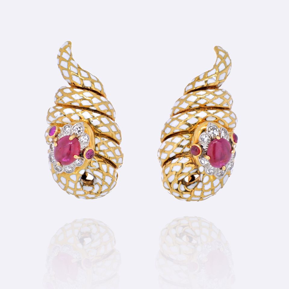 David Webb White Enamel, Ruby And Diamond Serpent Snake Clip Earrings - The Back Vault