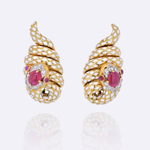 David Webb White Enamel, Ruby And Diamond Serpent Snake Clip Earrings