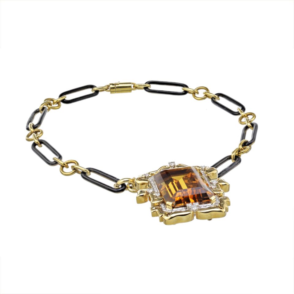 David Webb Large Topaz And Diamond Pendant On A Black Enamel Link Necklace - The Back Vault