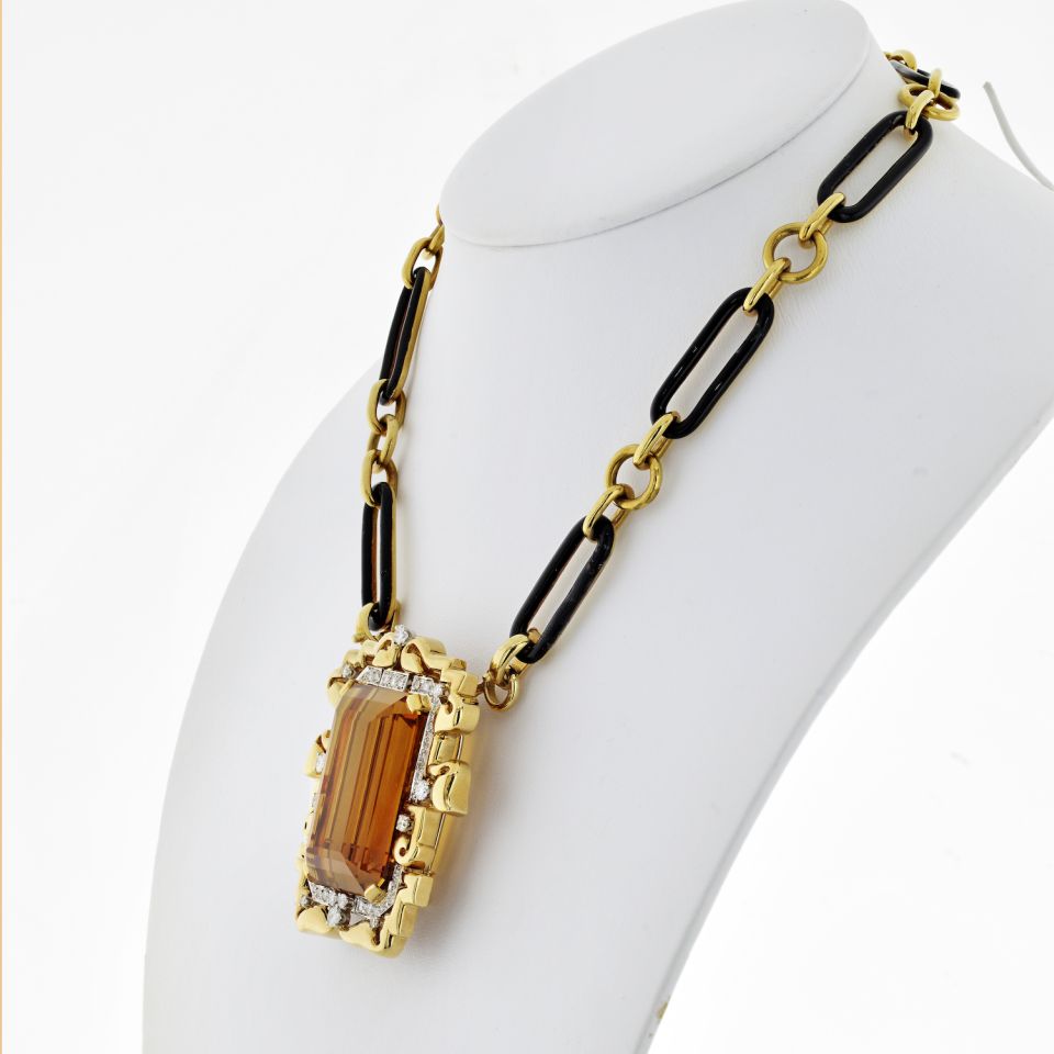 David Webb Large Topaz And Diamond Pendant On A Black Enamel Link Necklace - The Back Vault