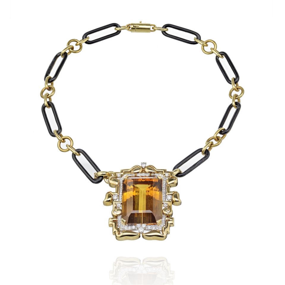 David Webb Large Topaz And Diamond Pendant On A Black Enamel Link Necklace - The Back Vault