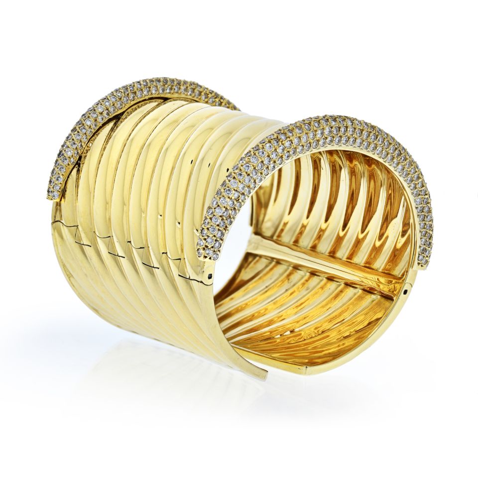 18K Yellow Gold Impressive Significant Rigid Gold Diamond Cuff Bangle Bracelet - The Back Vault