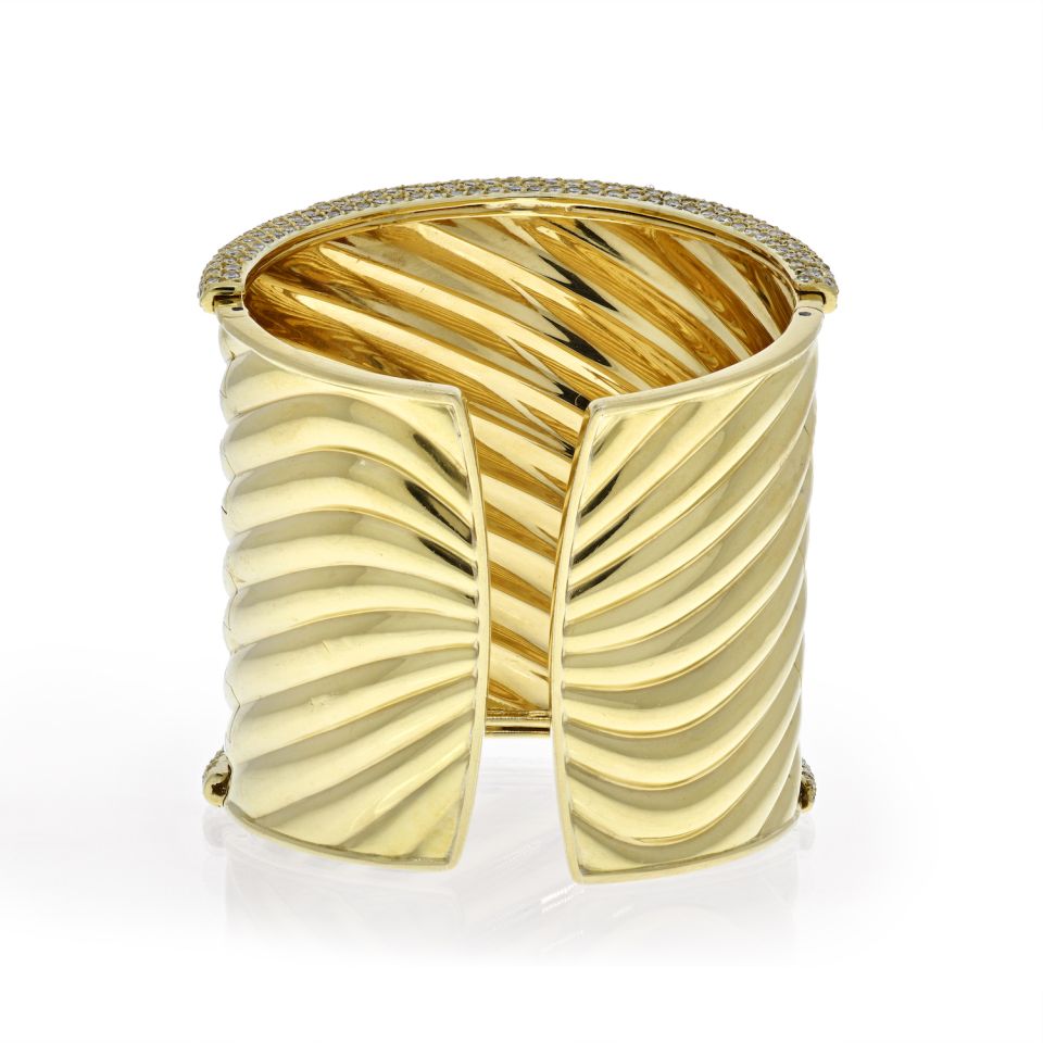 18K Yellow Gold Impressive Significant Rigid Gold Diamond Cuff Bangle Bracelet - The Back Vault