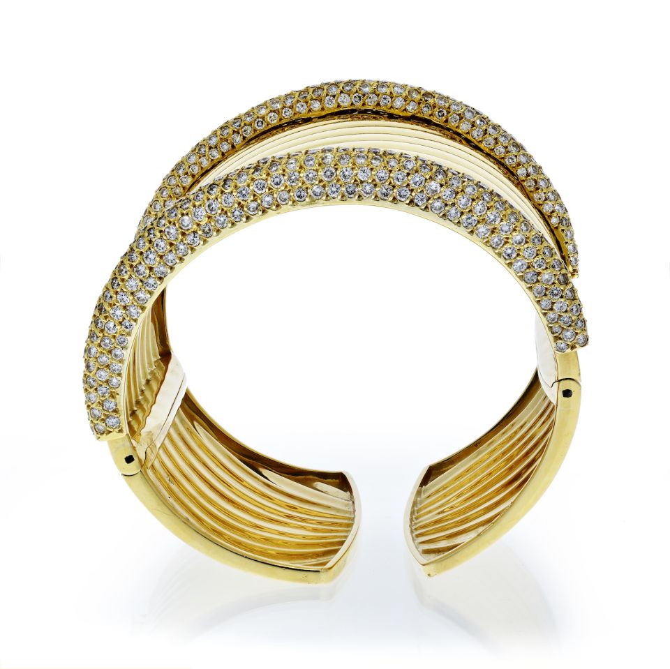 18K Yellow Gold Impressive Significant Rigid Gold Diamond Cuff Bangle Bracelet - The Back Vault