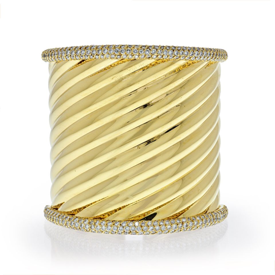 18K Yellow Gold Impressive Significant Rigid Gold Diamond Cuff Bangle Bracelet - The Back Vault