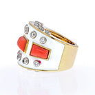 David Webb 18K Yellow Gold Bastille White Enamel Diamond And Coral Ring - The Back Vault