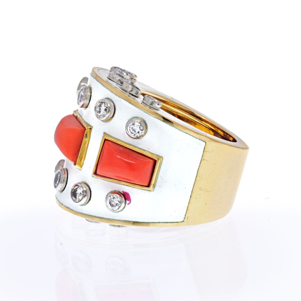 David Webb 18K Yellow Gold Bastille White Enamel Diamond And Coral Ring - The Back Vault