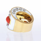 David Webb 18K Yellow Gold Bastille White Enamel Diamond And Coral Ring - The Back Vault