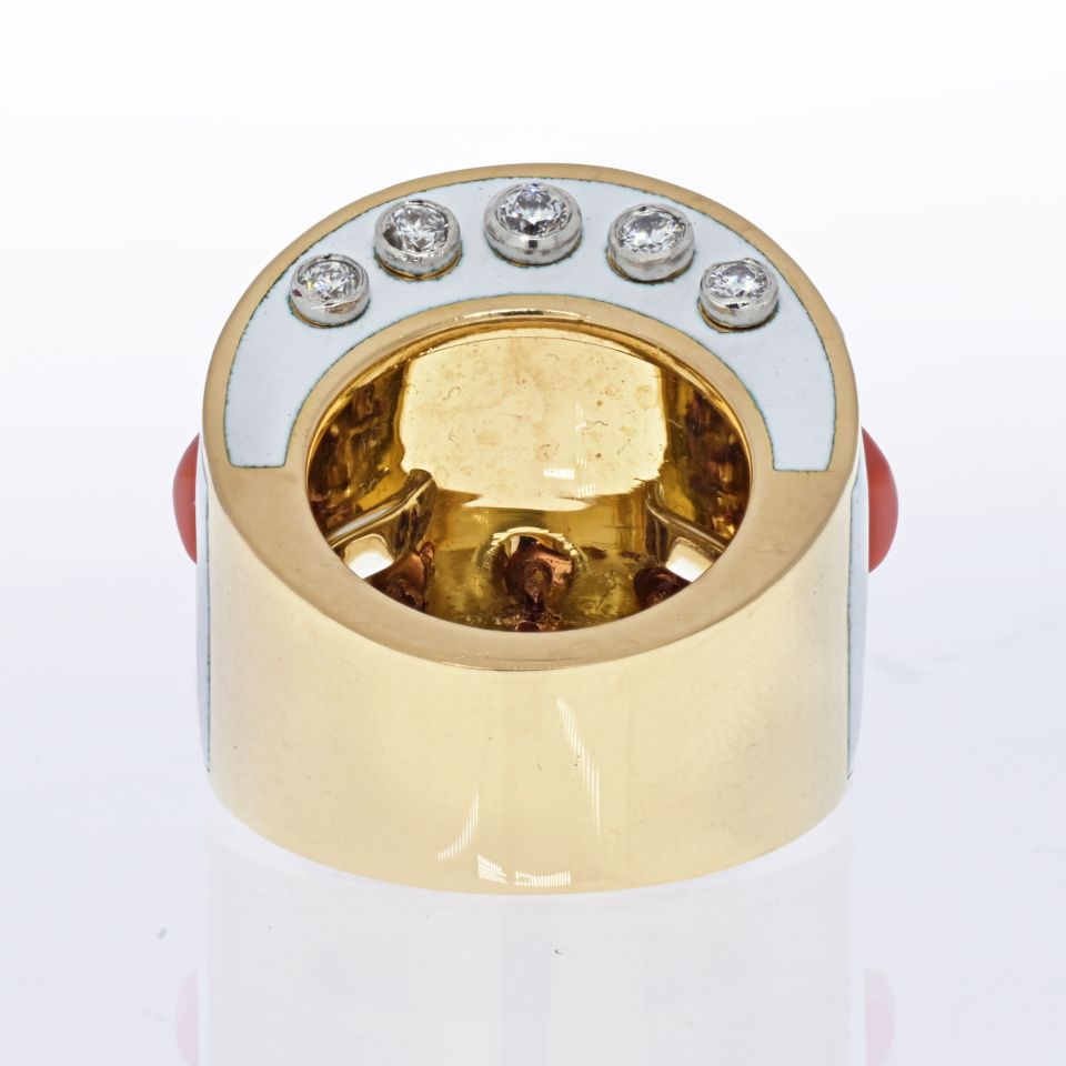 David Webb 18K Yellow Gold Bastille White Enamel Diamond And Coral Ring - The Back Vault