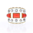 David Webb 18K Yellow Gold Bastille White Enamel Diamond And Coral Ring - The Back Vault