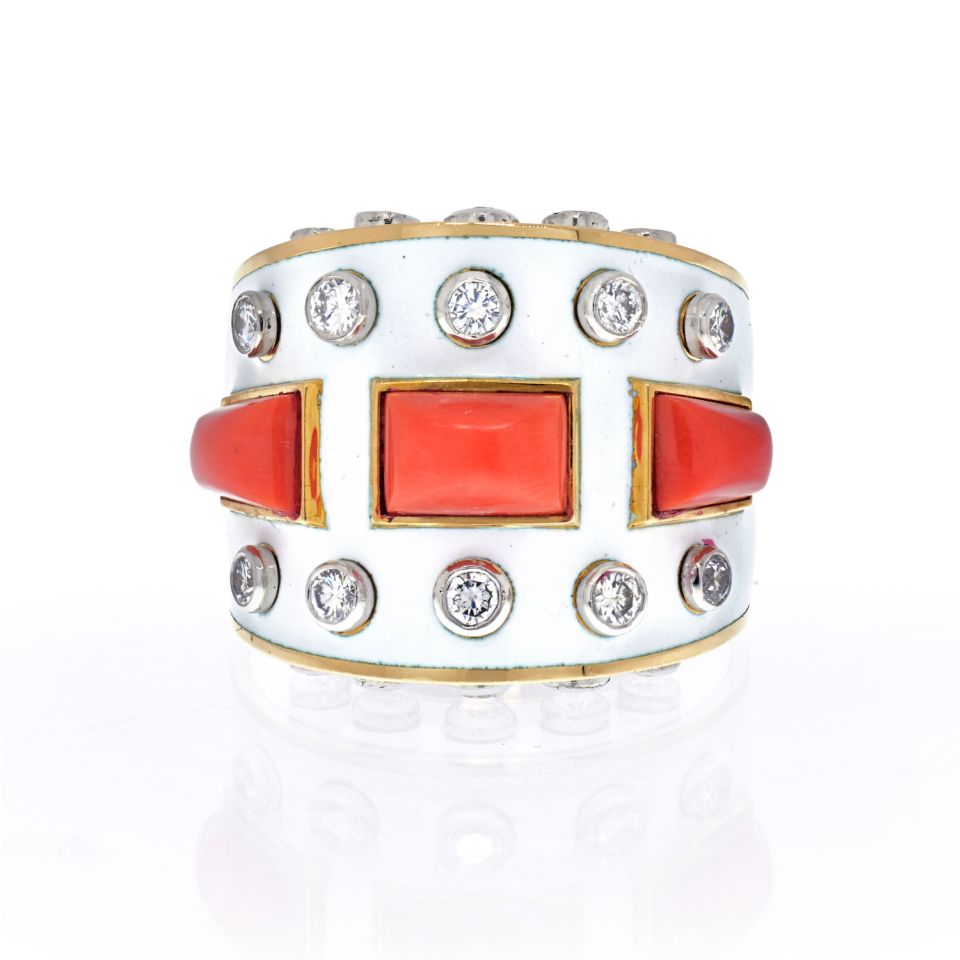 David Webb 18K Yellow Gold Bastille White Enamel Diamond And Coral Ring - The Back Vault