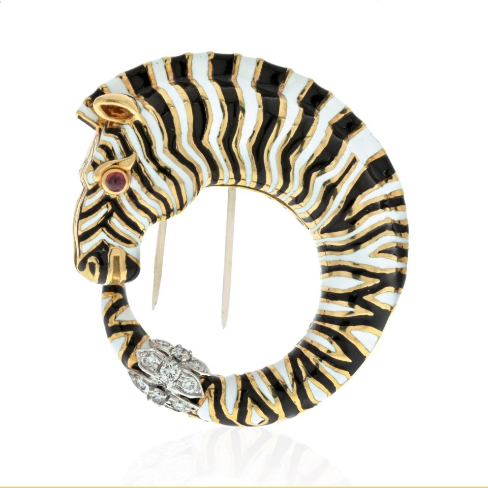 David Webb Zebra Kingdom Circle White And Black Enamel Brooch - The Back Vault