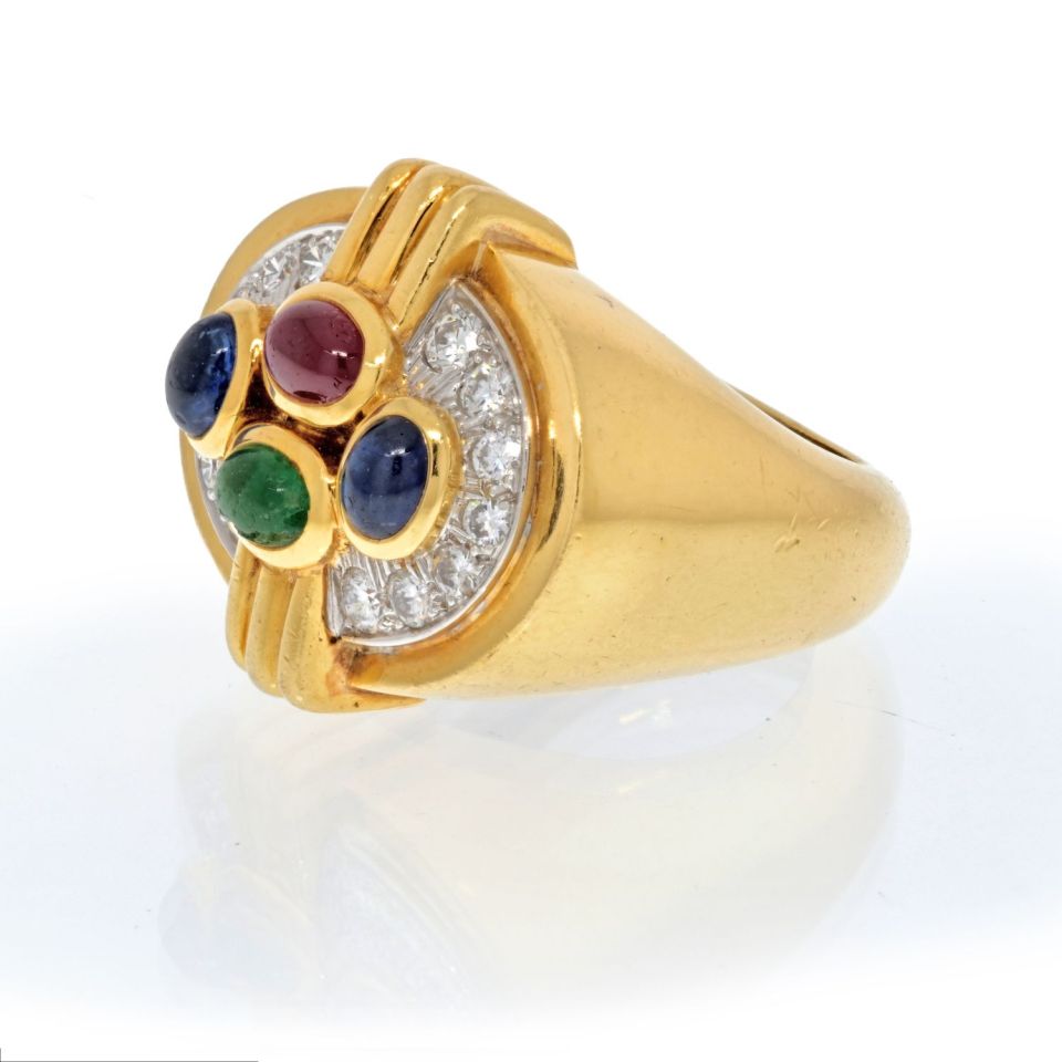 David Webb Platinum & 18K Yellow Gold Multi Color Gemstone And Diamond Ring - The Back Vault