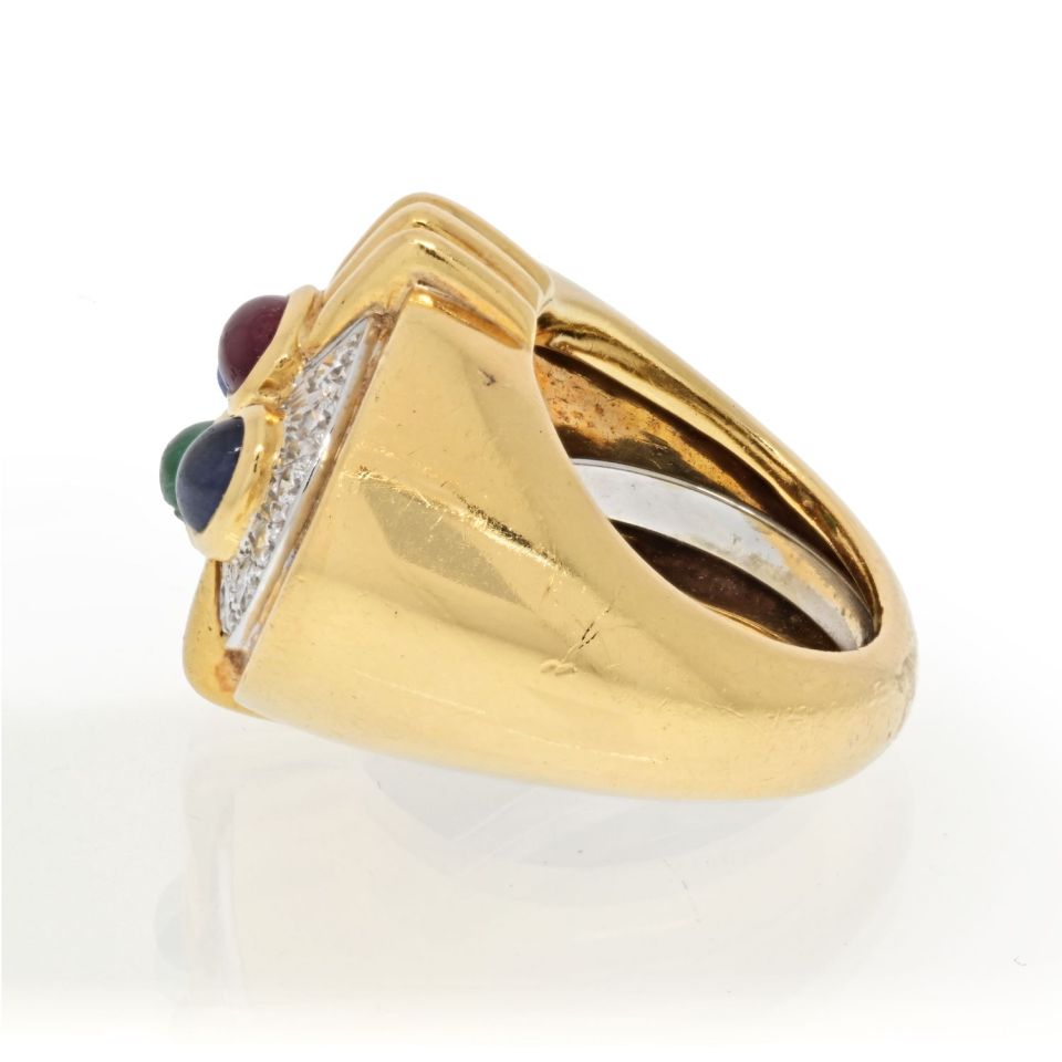 David Webb Platinum & 18K Yellow Gold Multi Color Gemstone And Diamond Ring - The Back Vault