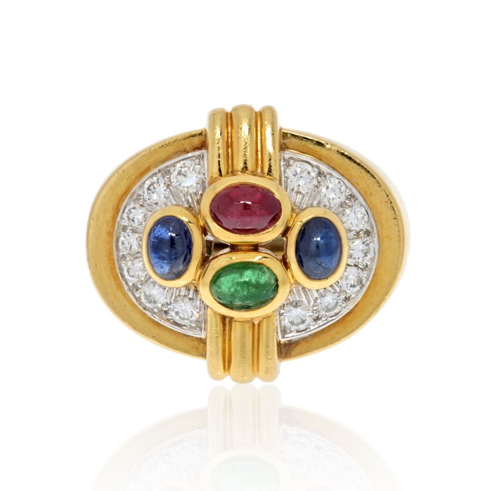 David Webb Platinum & 18K Yellow Gold Multi Color Gemstone And Diamond Ring - The Back Vault