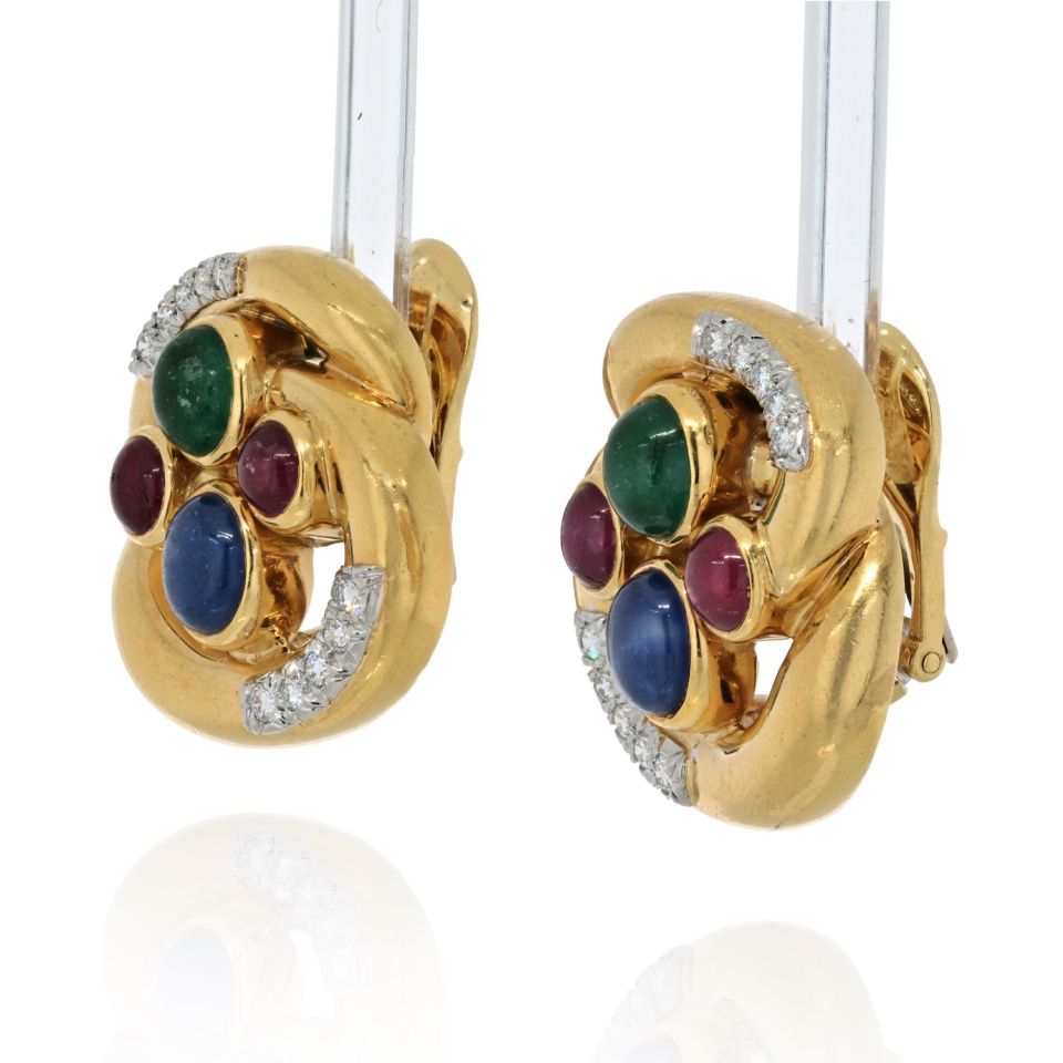 David Webb Platinum & 18K Yellow Gold Multi Color Gemstone And Diamond Earrings - The Back Vault