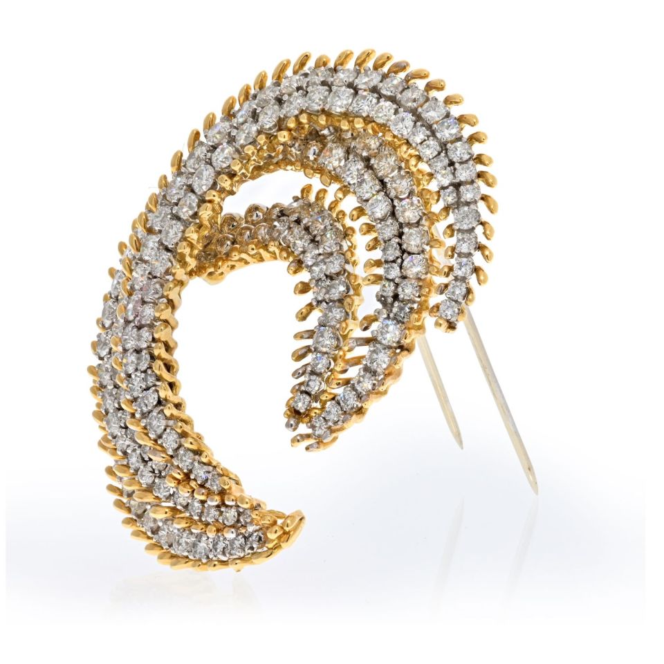 David Webb Platinum & 18K Yellow Gold 12 Carat Diamond Crescent Brooch - The Back Vault