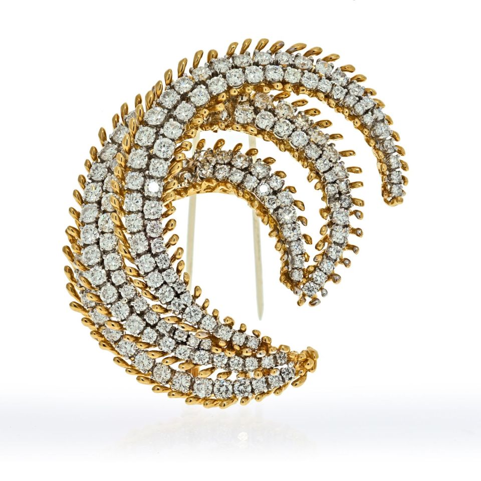 David Webb Platinum & 18K Yellow Gold 12 Carat Diamond Crescent Brooch - The Back Vault