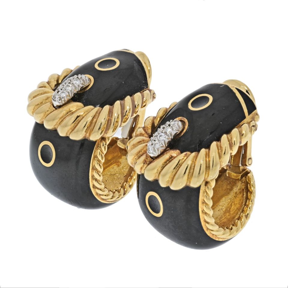 David Webb Gold Black Enamel Diamond Signature Earrings - The Back Vault