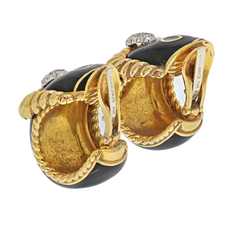 David Webb Gold Black Enamel Diamond Signature Earrings - The Back Vault