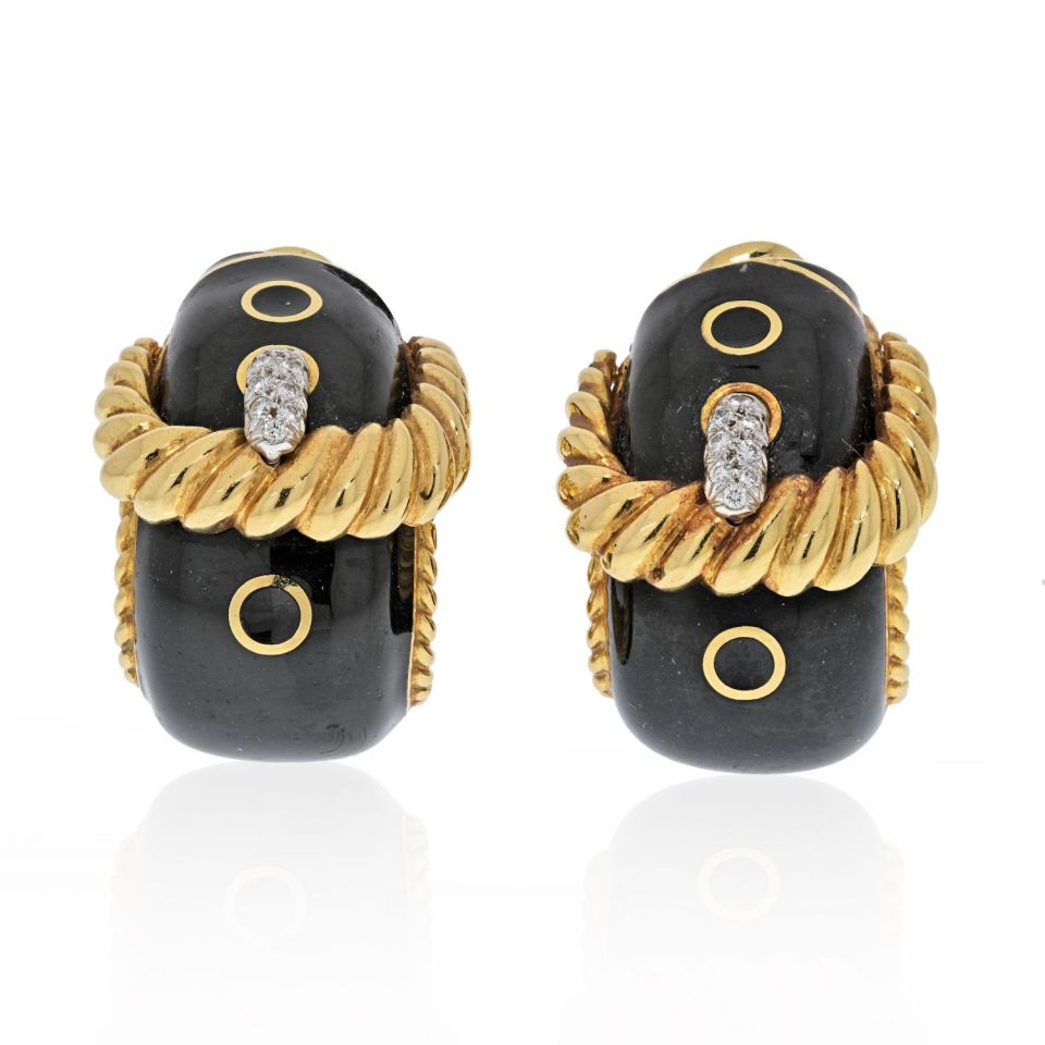 David Webb Gold Black Enamel Diamond Signature Earrings - The Back Vault