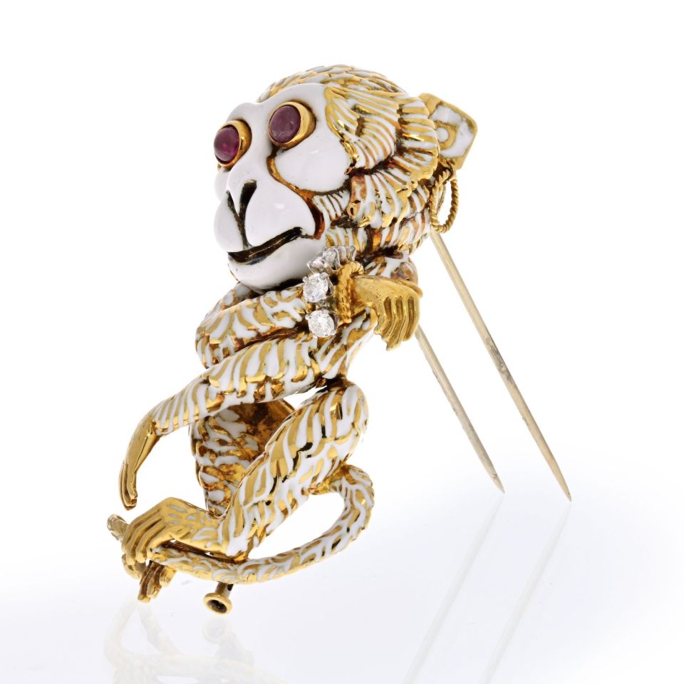 David Webb 18K Yellow Gold White Enamel Gypsy Monkey Brooch - The Back Vault