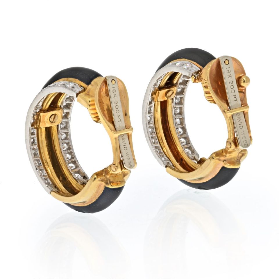 David Webb Platinum & 18K Yellow Gold Black Enamel Diamond Hoop Earrings - The Back Vault